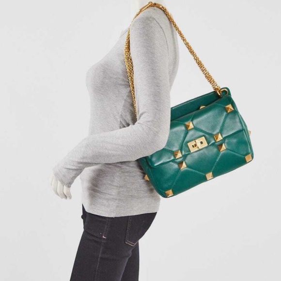 NWT VALENTINO GARAVANI Roman Rockstud Green Nappa Leather Satchel Crossbody Bag - Picture 3 of 11